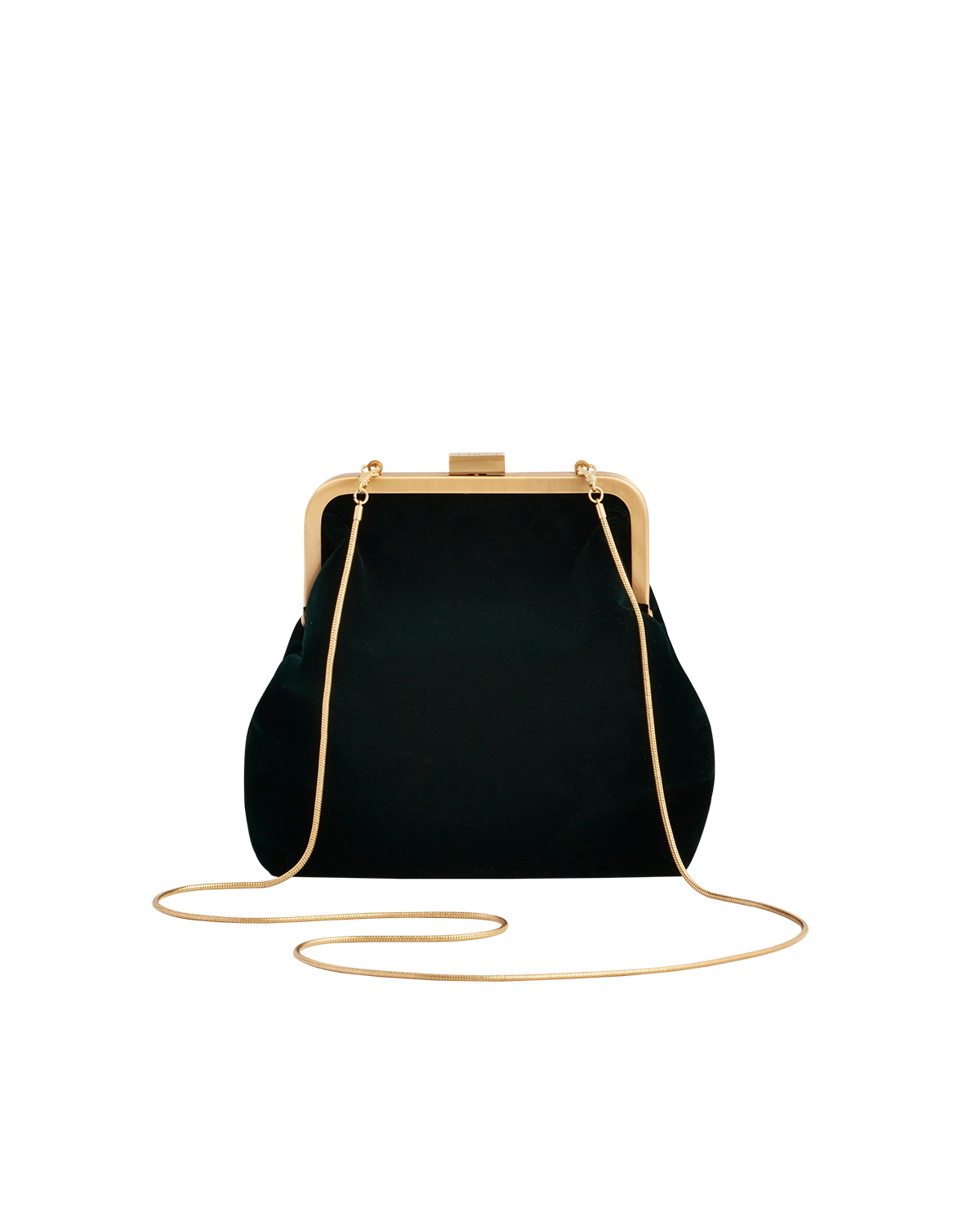 Green handbag with gold frame and matching strap on a white background