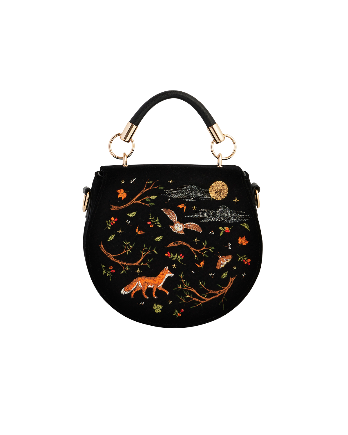 Black handbag with embroidered designs of animals and nature on a white background