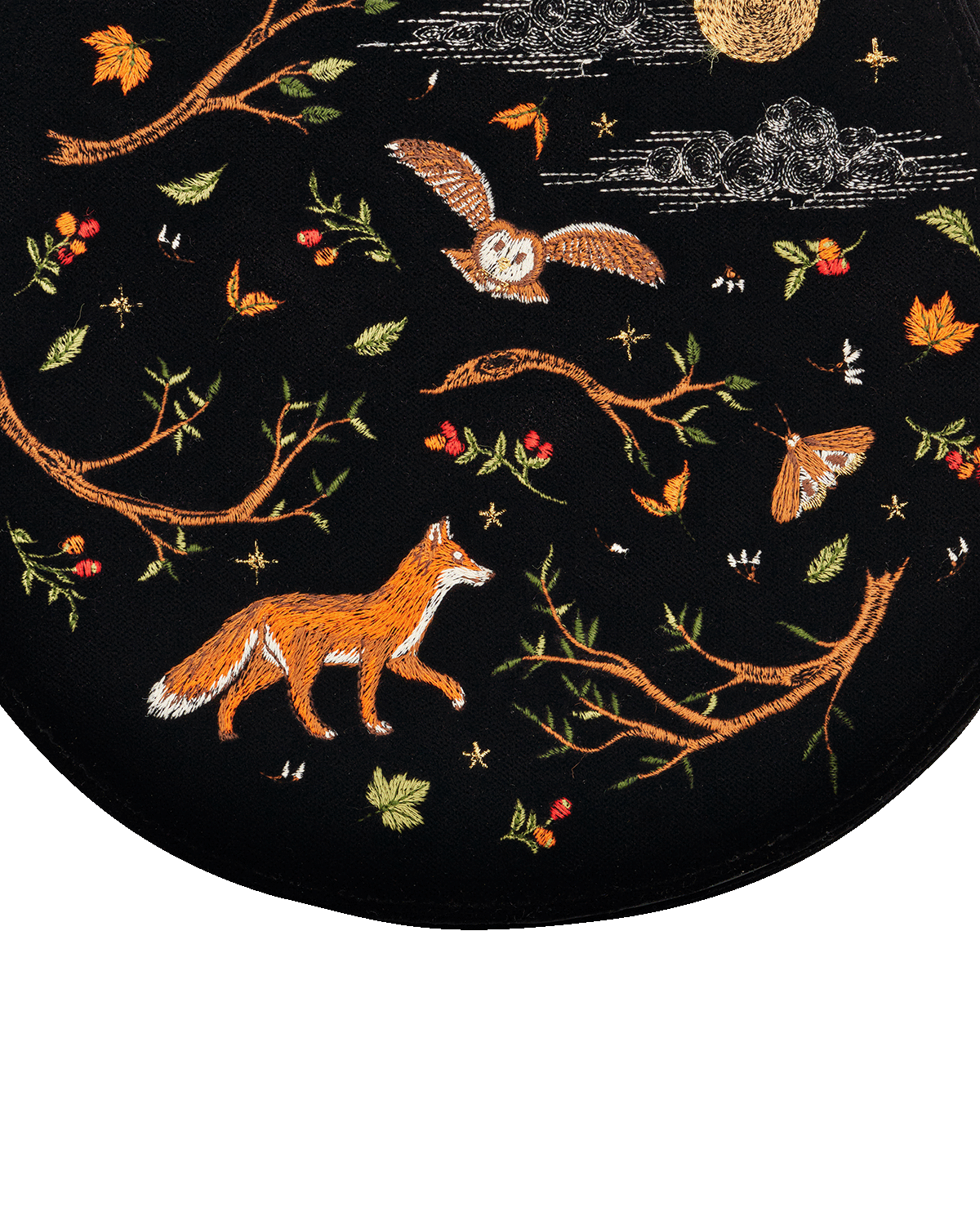 Black Fox & Owl Embroidered Top Handle Saddle Bag