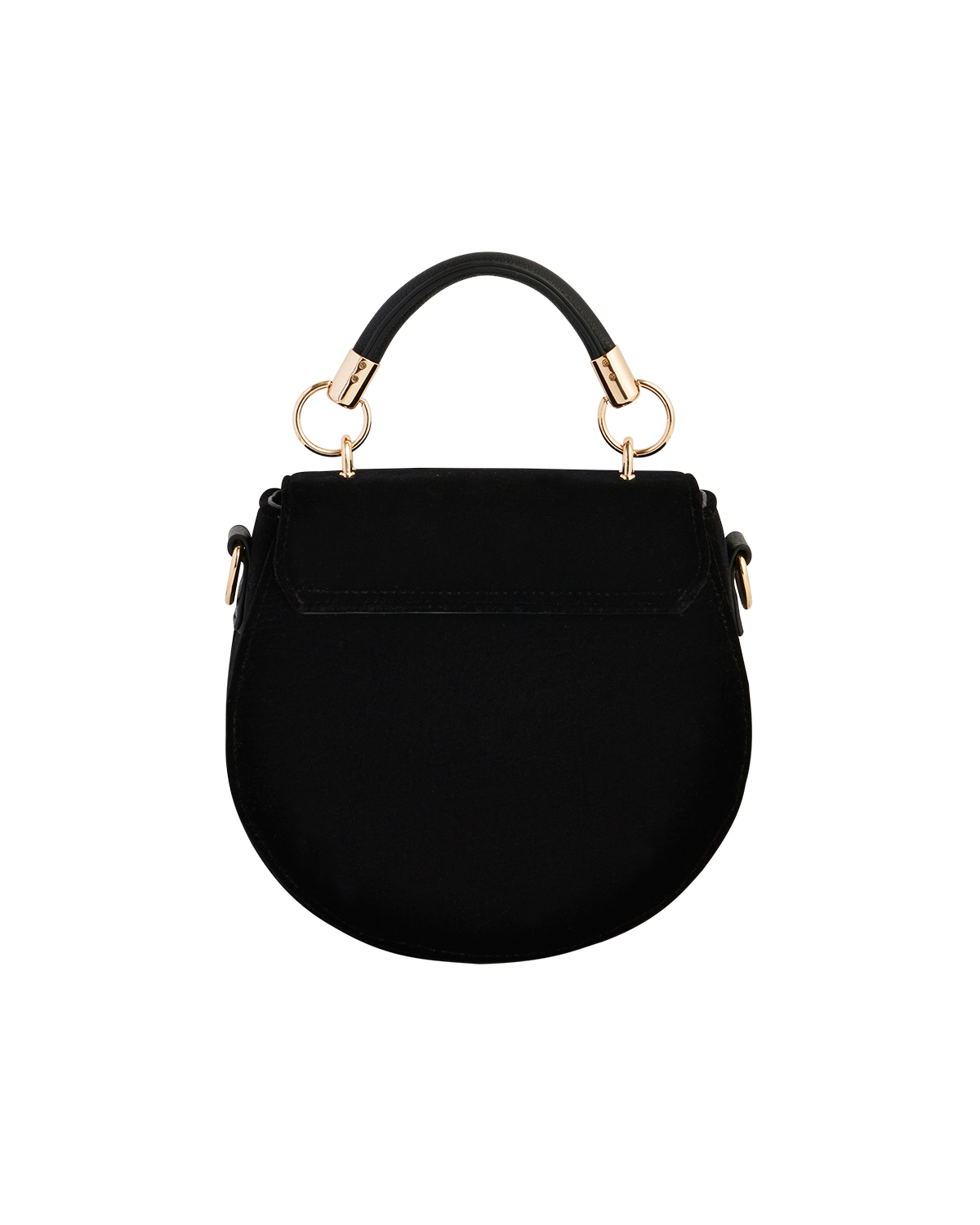 Black handbag with gold handles on a white background