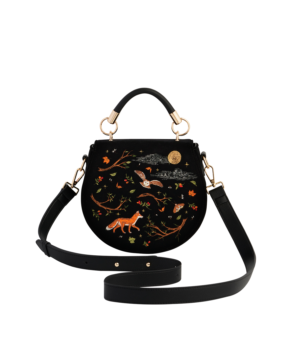 Black handbag with artistic designs on a white background