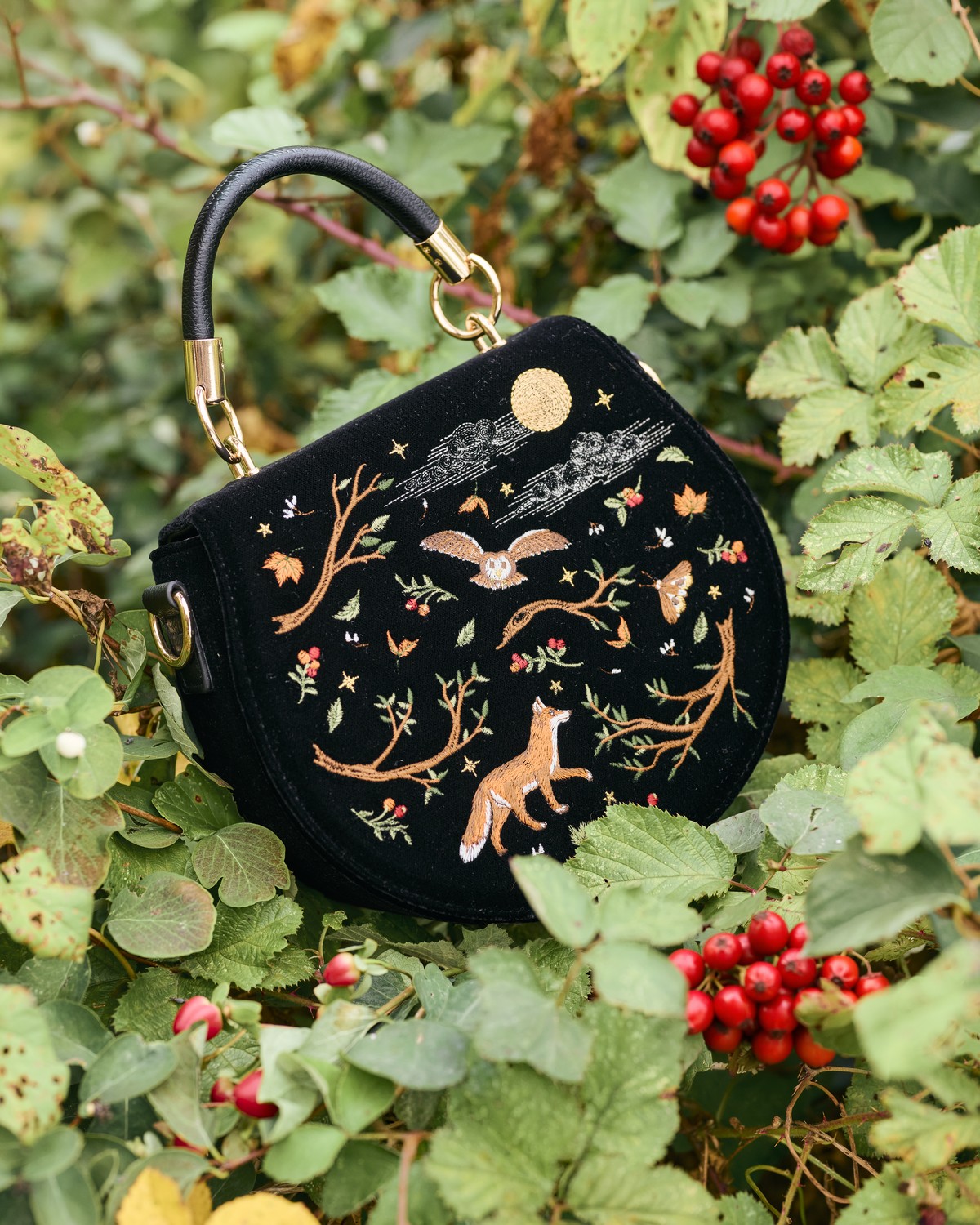 Black Fox & Owl Embroidered Top Handle Saddle Bag styled