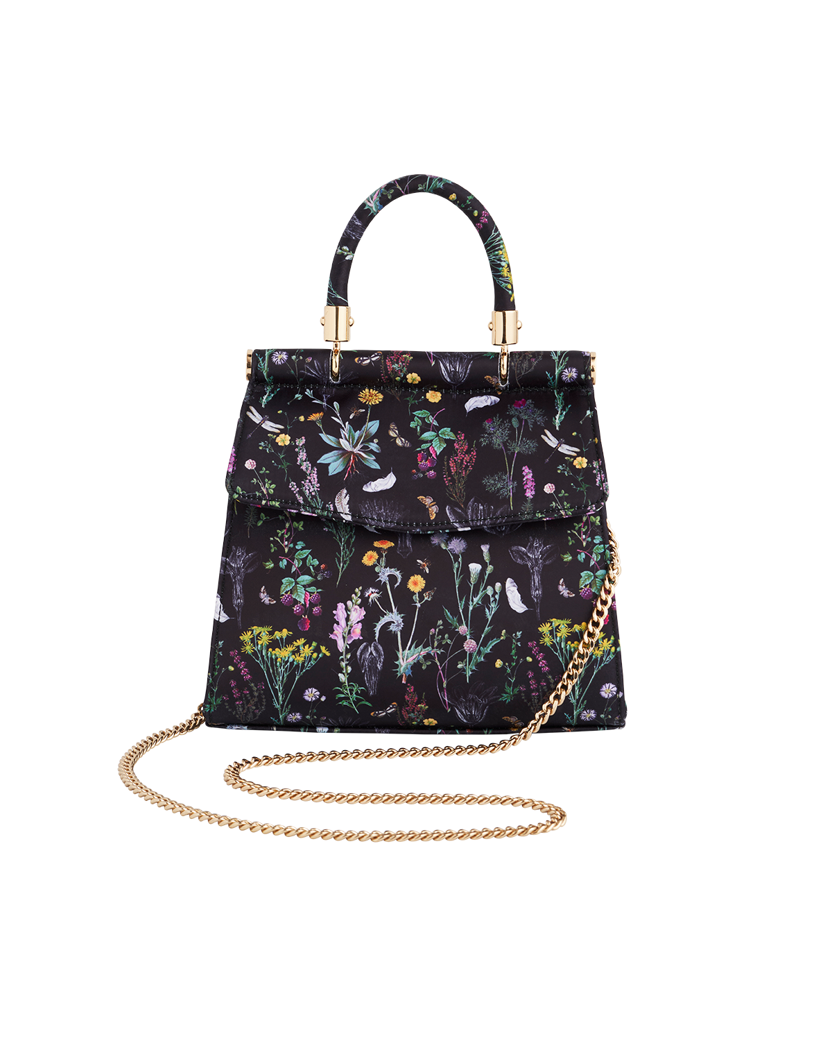 Black floral patterned tote handbag with a chain strap on a white background