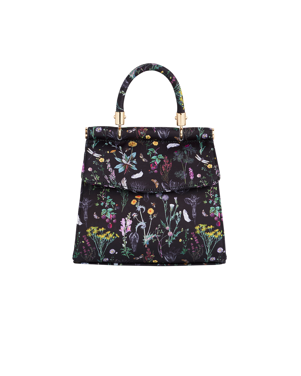 Floral-patterned black satin tote handbag on a white background