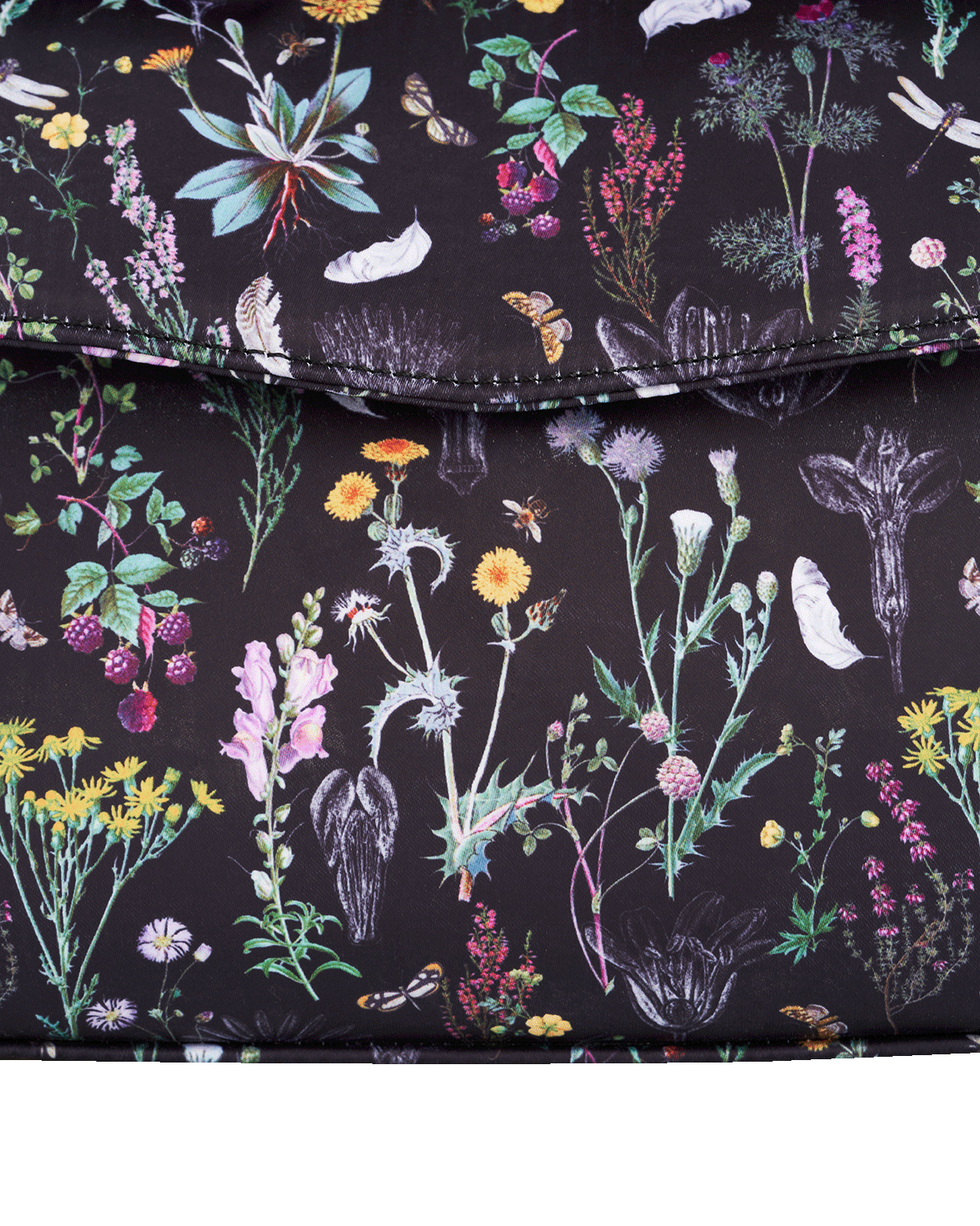 Floral and insect pattern on a tote bag on a white background