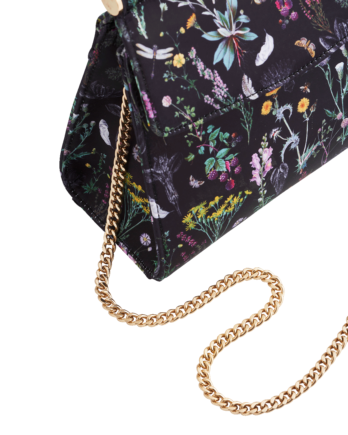 Floral patterned handbag with a gold chain on a white background
