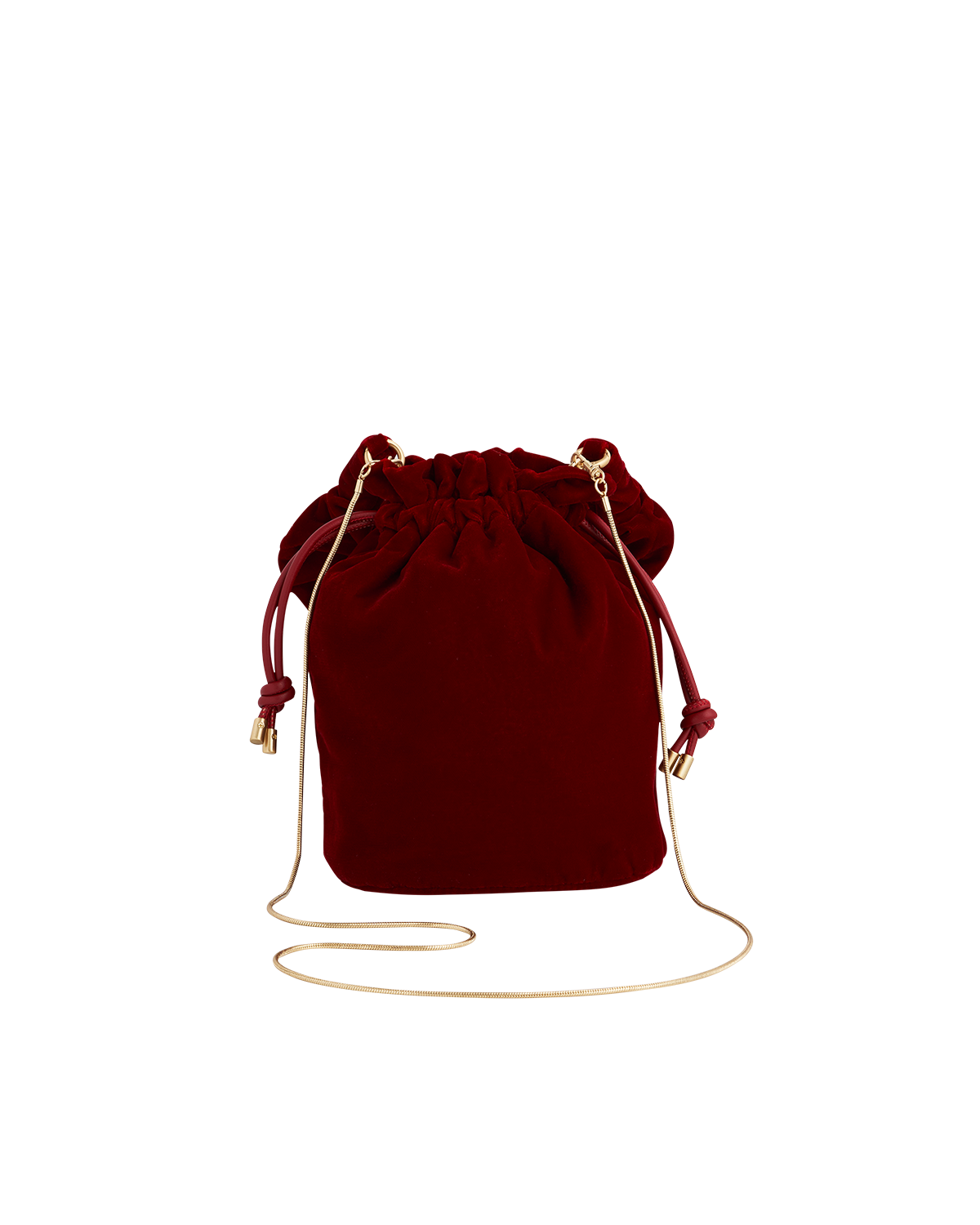 Red velvet drawstring bag with a gold chain on a white background