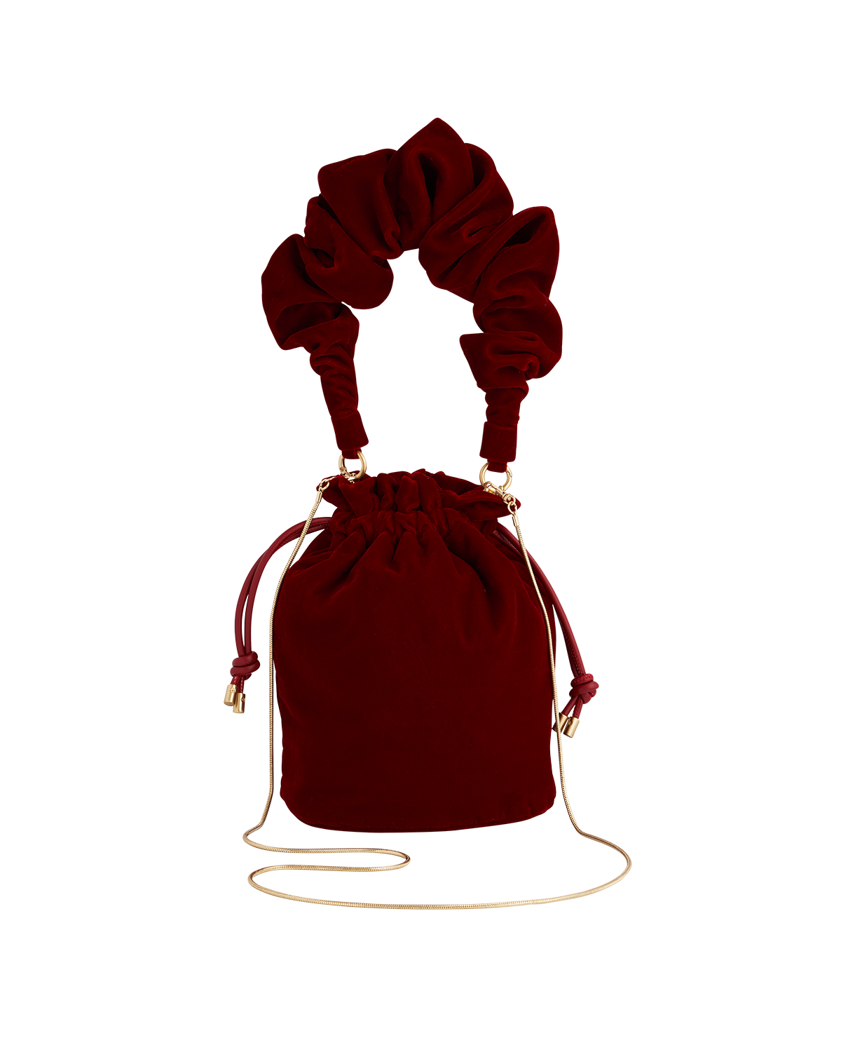 Red velvet drawstring bag on a white background