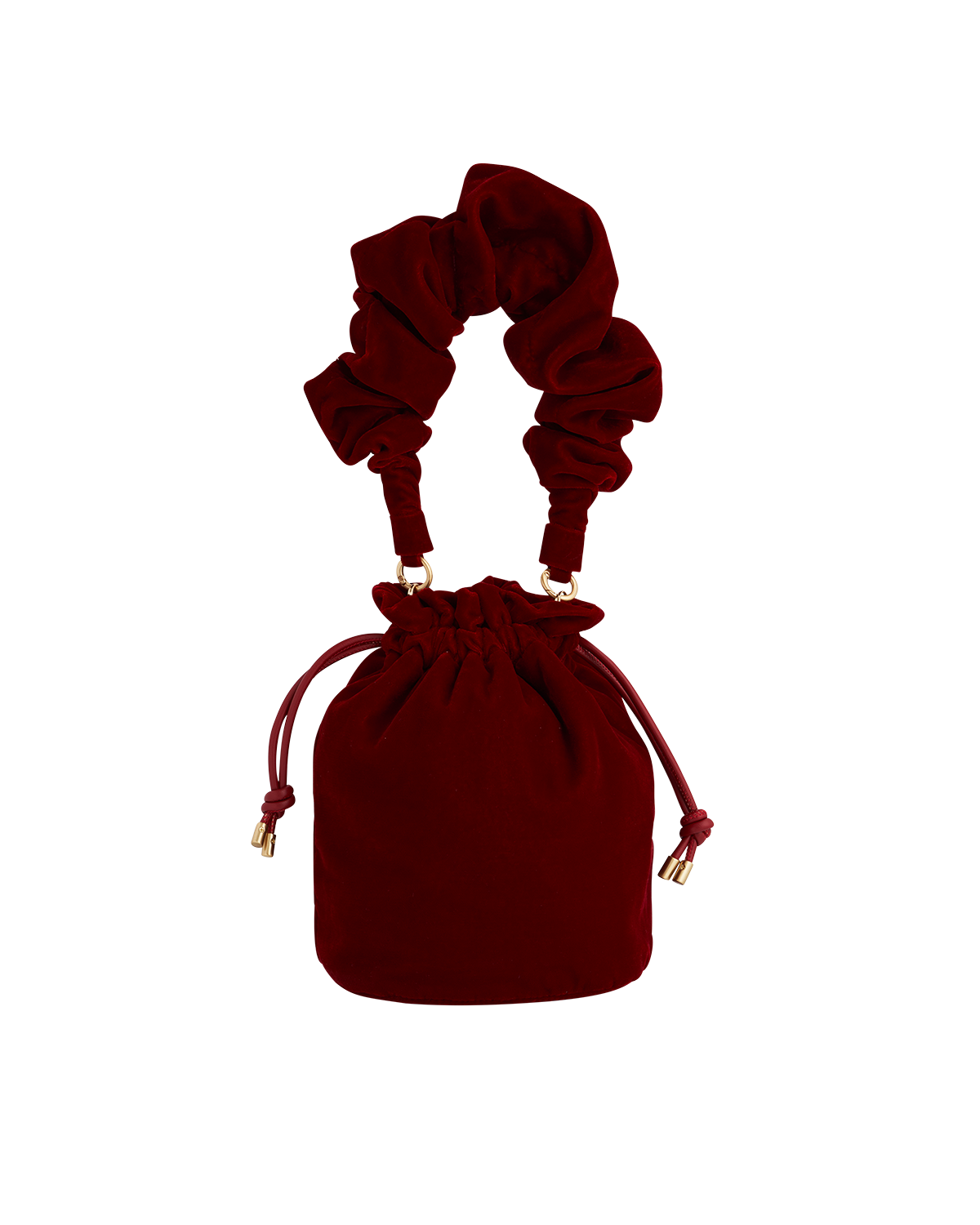 Red velvet drawstring bag on a white background