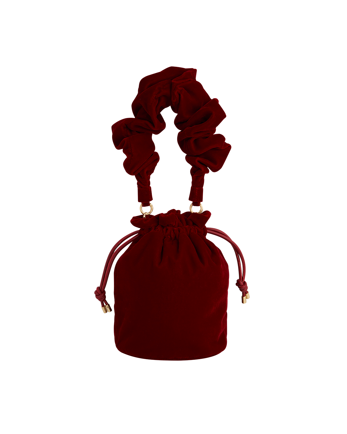 Red velvet drawstring bag on a white background