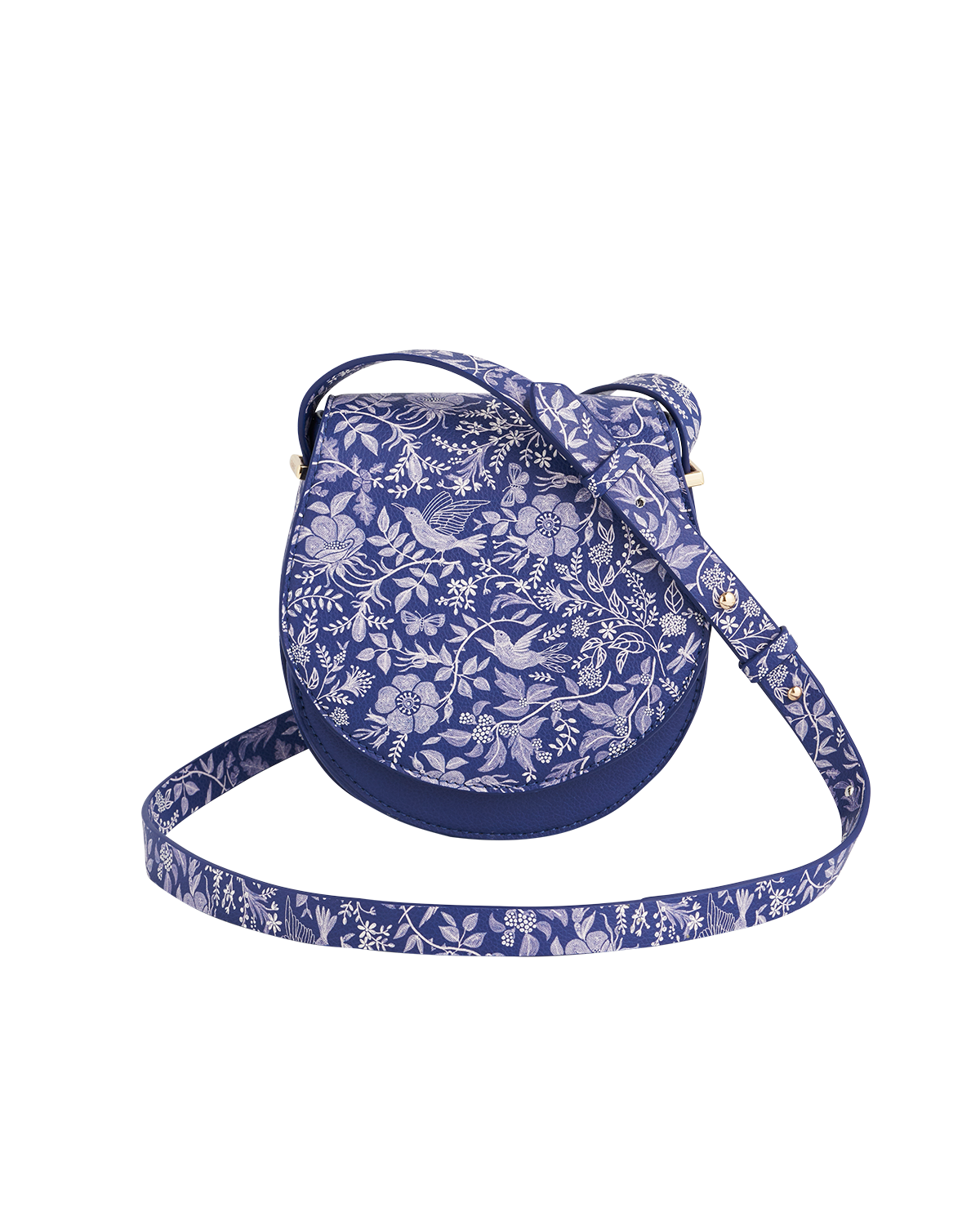Blue floral-patterned saddle bag on a white background