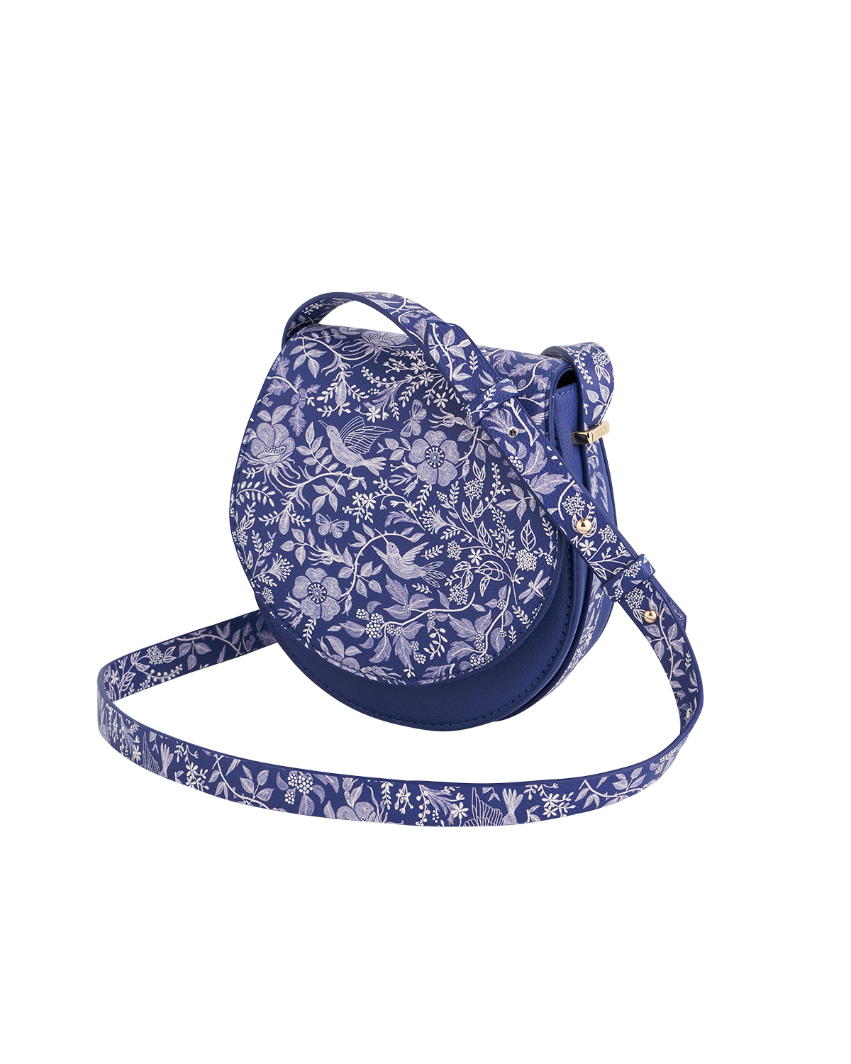 Blue floral-patterned crossbody bag on a white background