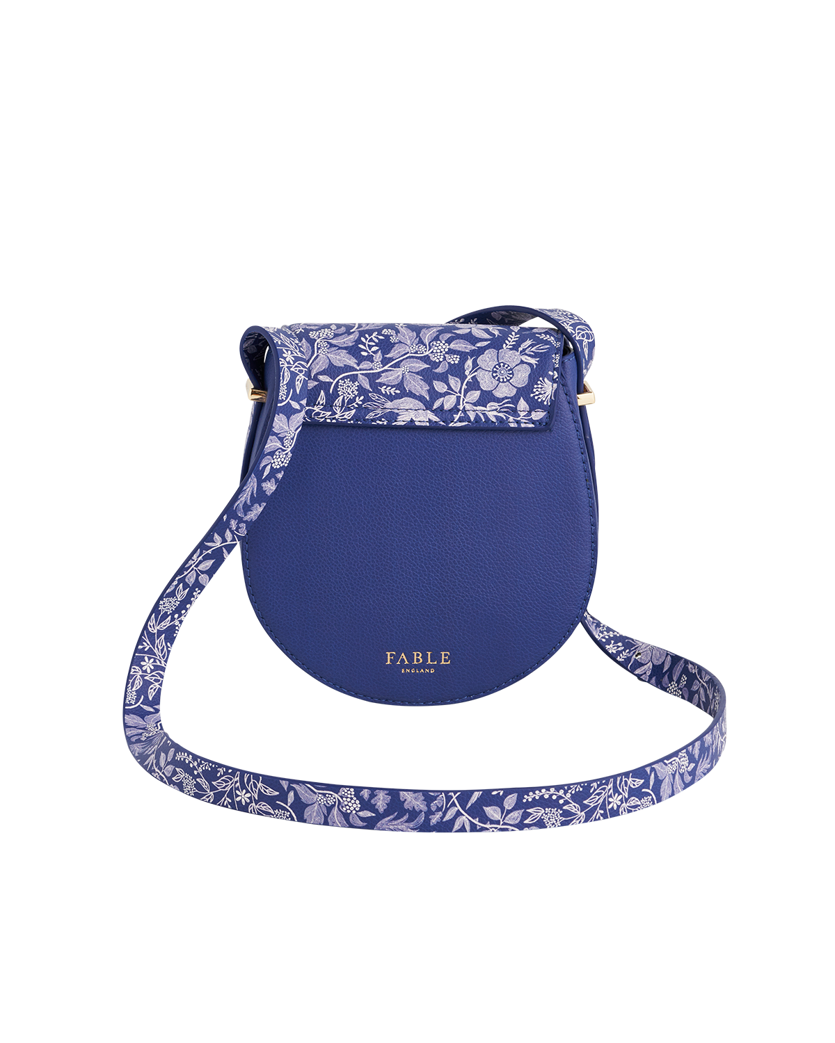 Blue crossbody bag with floral pattern on a white background