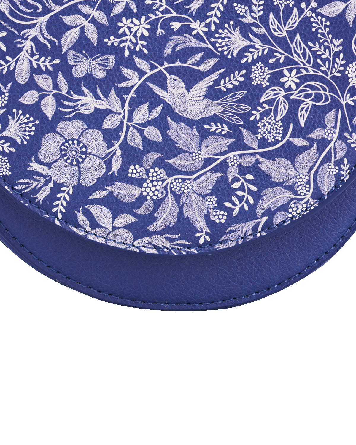 Close-up of a blue bag with white floral and bird pattern