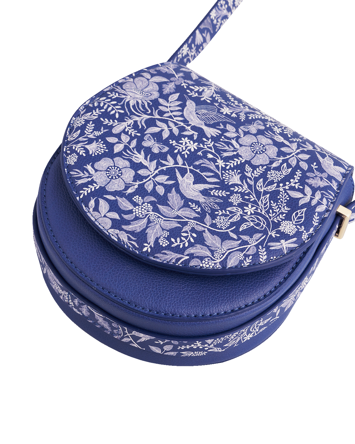 Blue round saddle bag with blue and white floral pattern on a white background