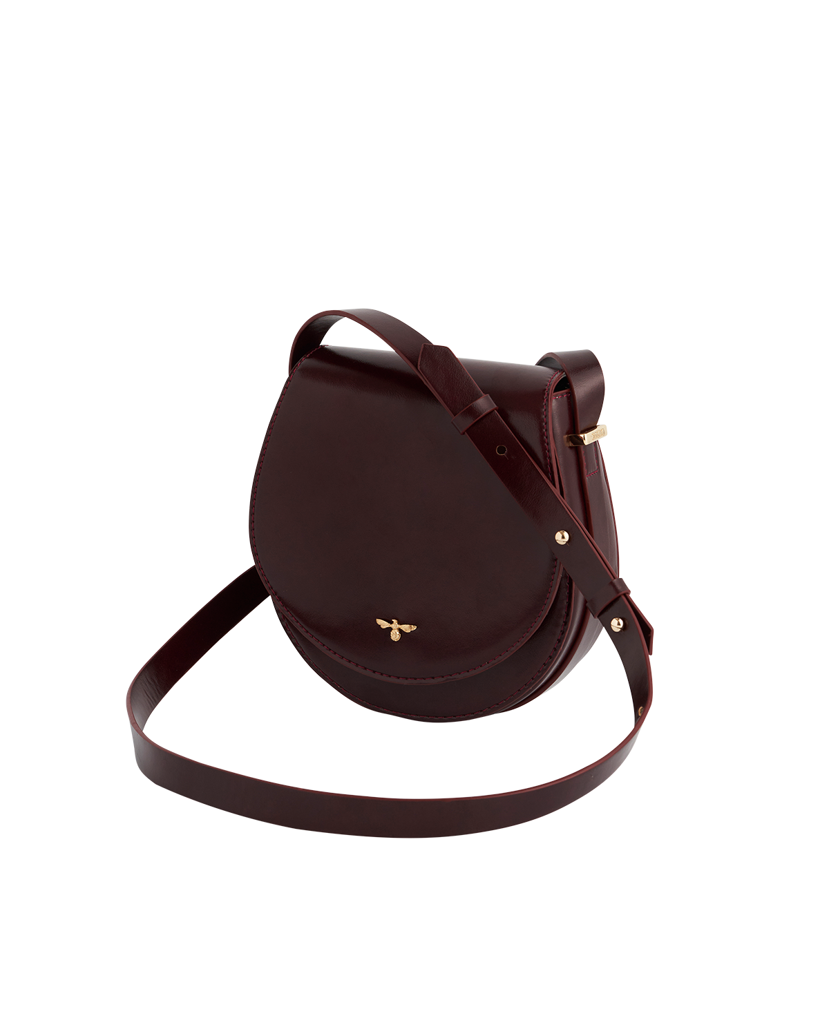 Cherry Red alternative leather saddle bag with gold accents on a white background