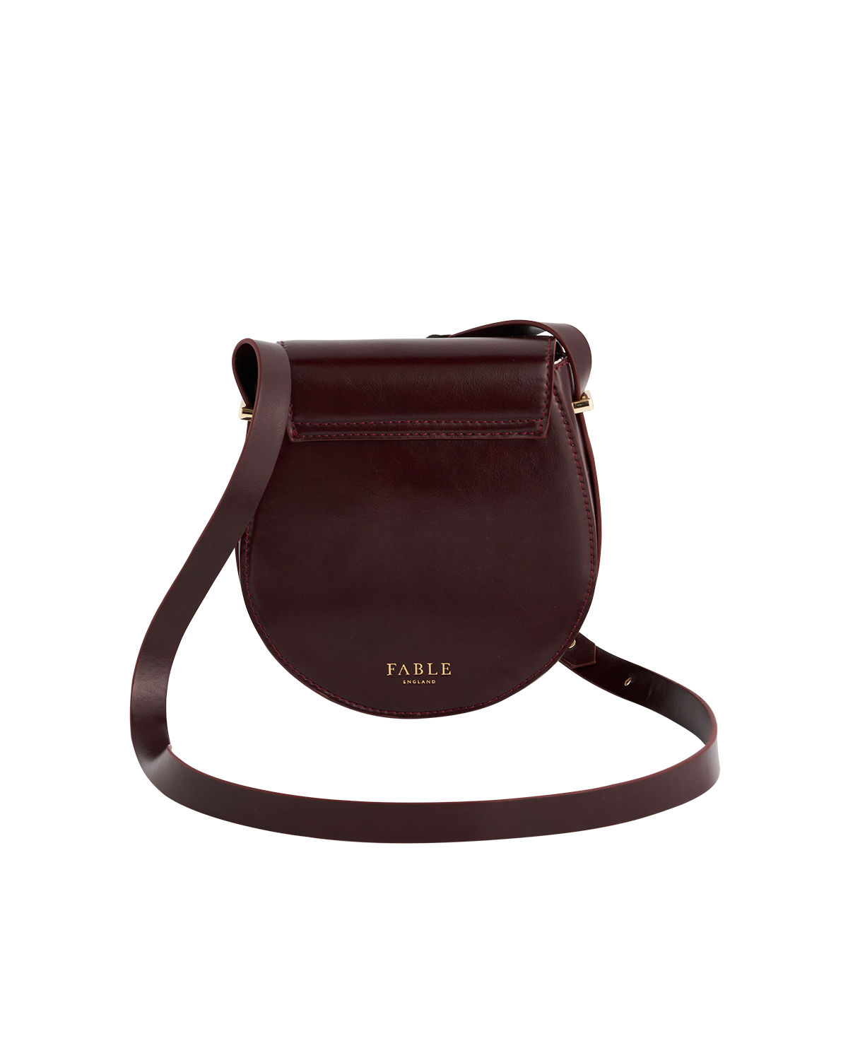 Cherry Red alternative leather saddle bag with 'Fable England' branding on a white background