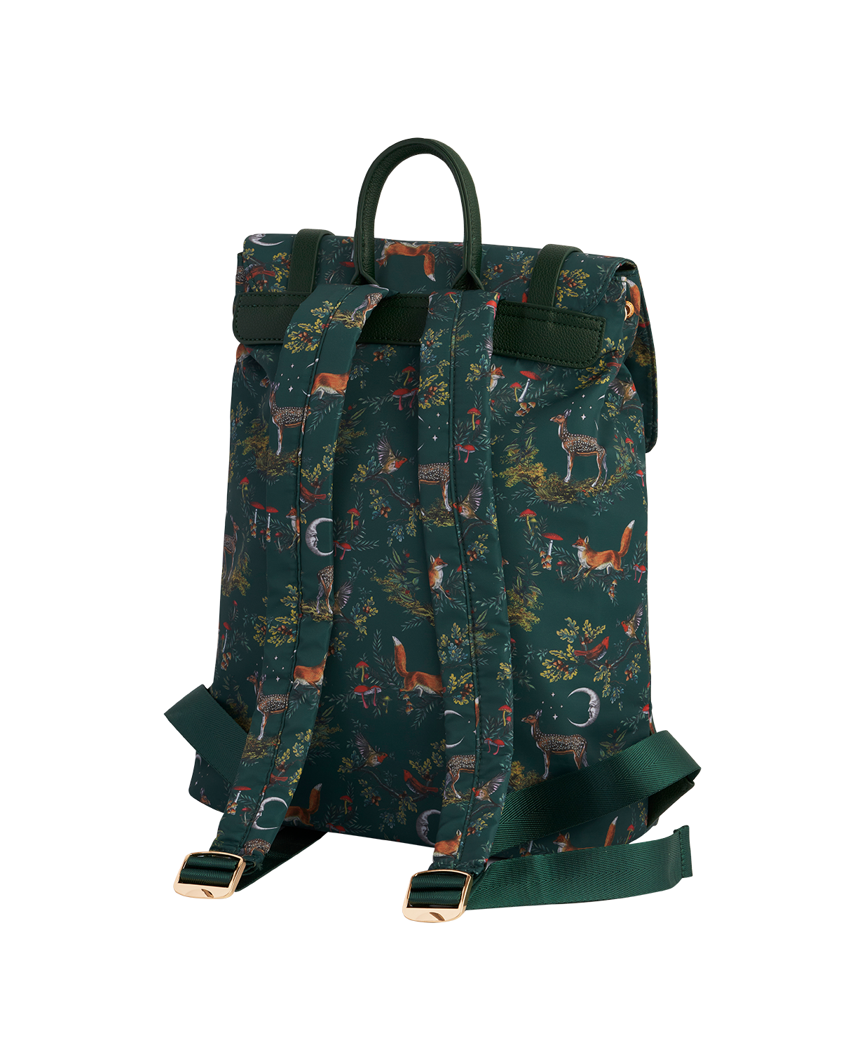 Backpack with woodland-themed design on a white background