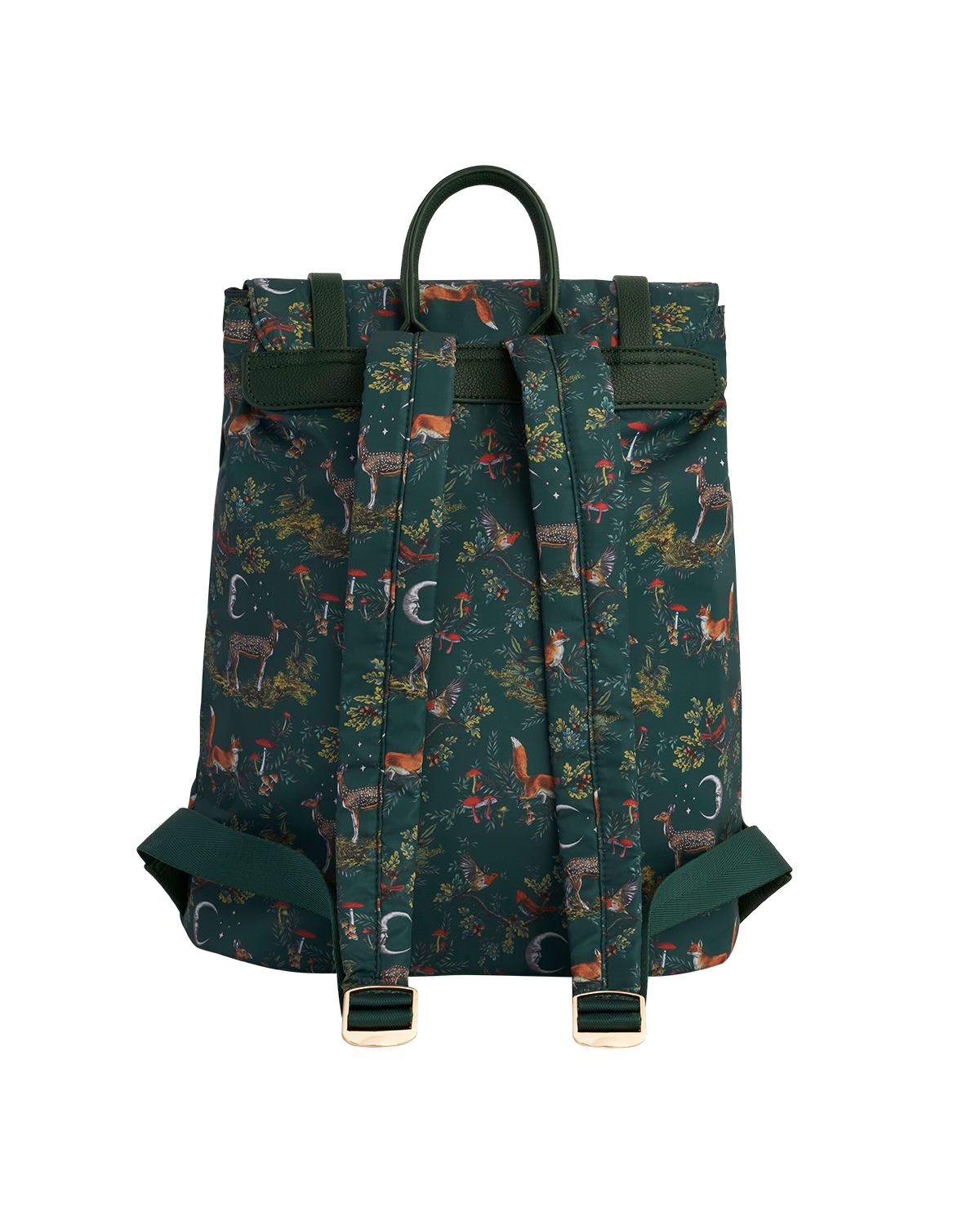 Green backpack with woodland pattern on a white background