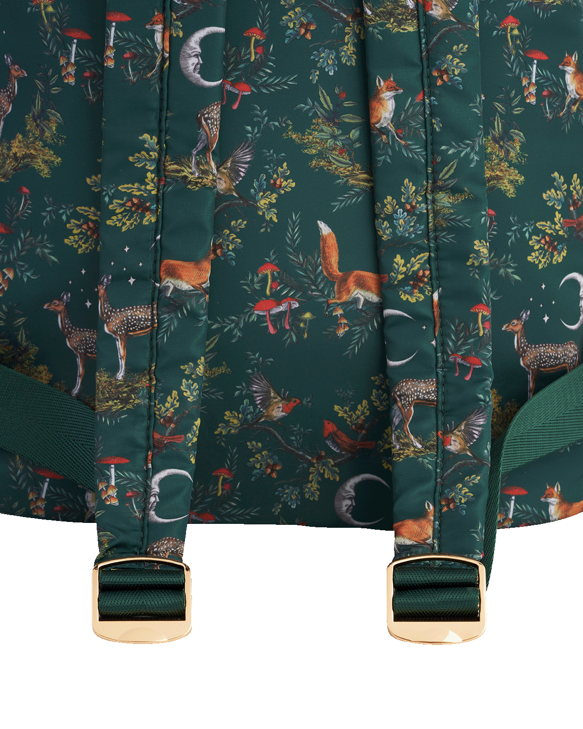 Backpack with woodland-themed design featuring animals and plants on a green background.