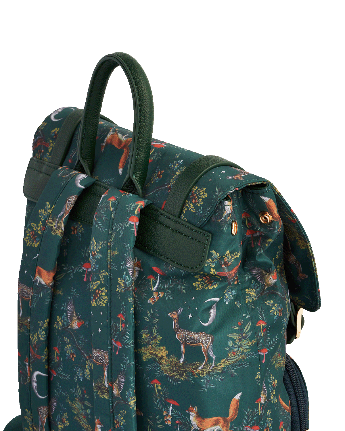 Backpack with woodland-themed design featuring animals on a green background