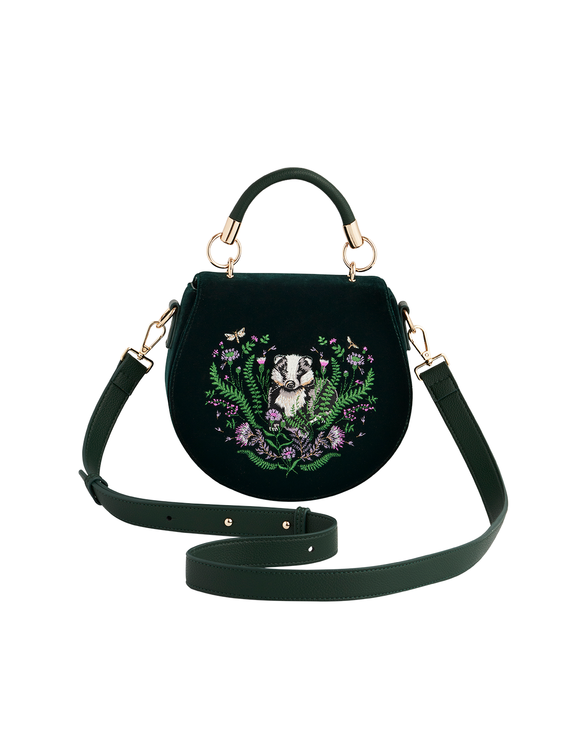 Green handbag with floral badger embroidery on a white background