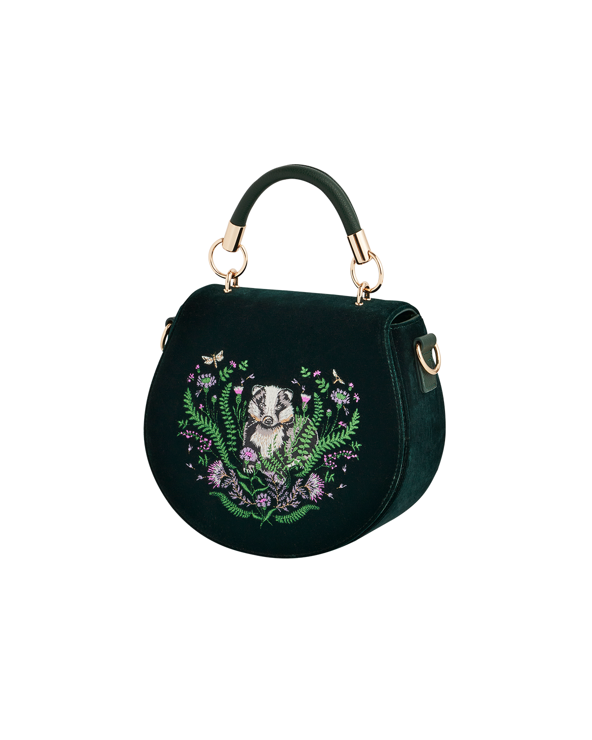 Green handbag with floral embroidery and a badger design on a white background
