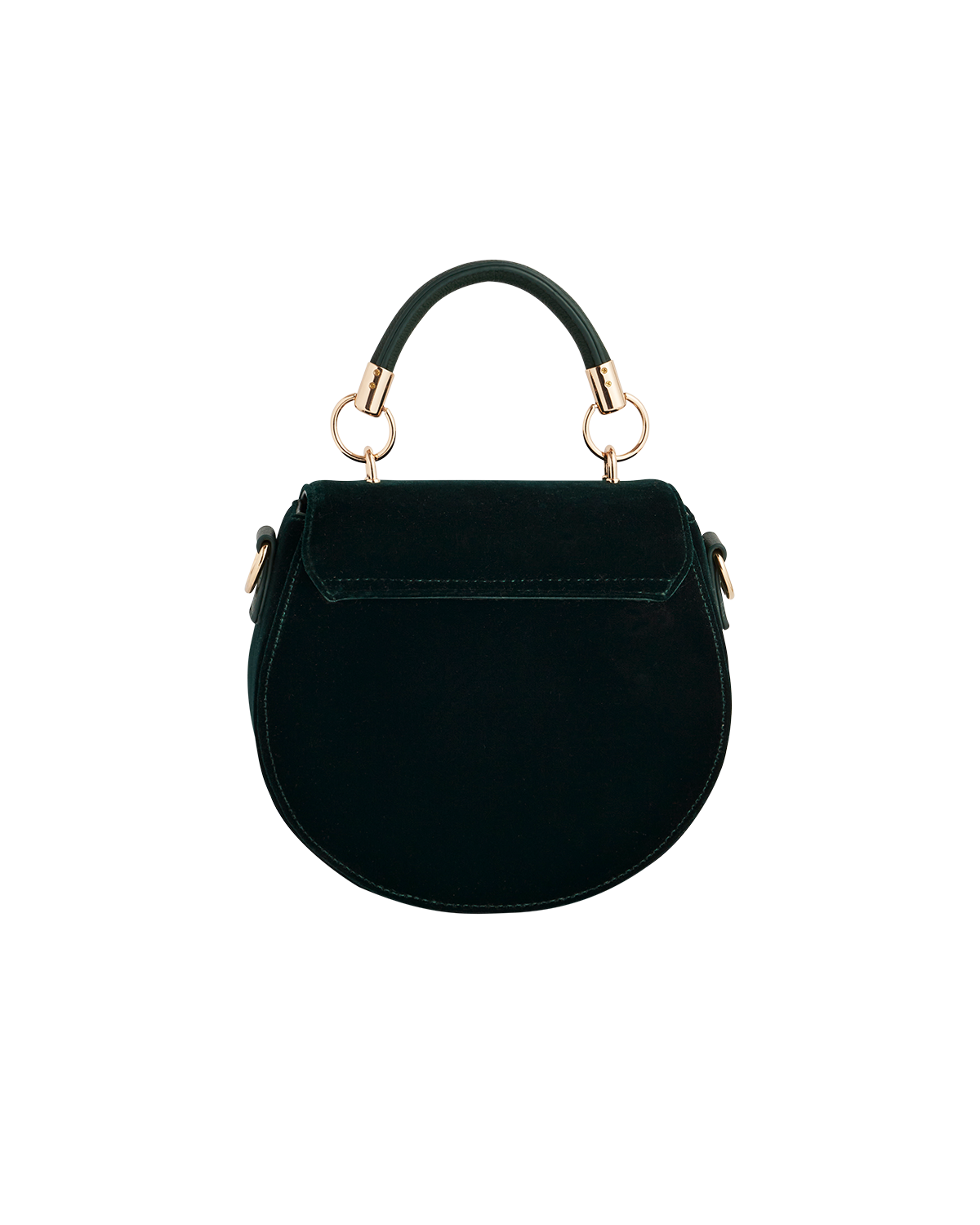 Green handbag with gold accents on a white background