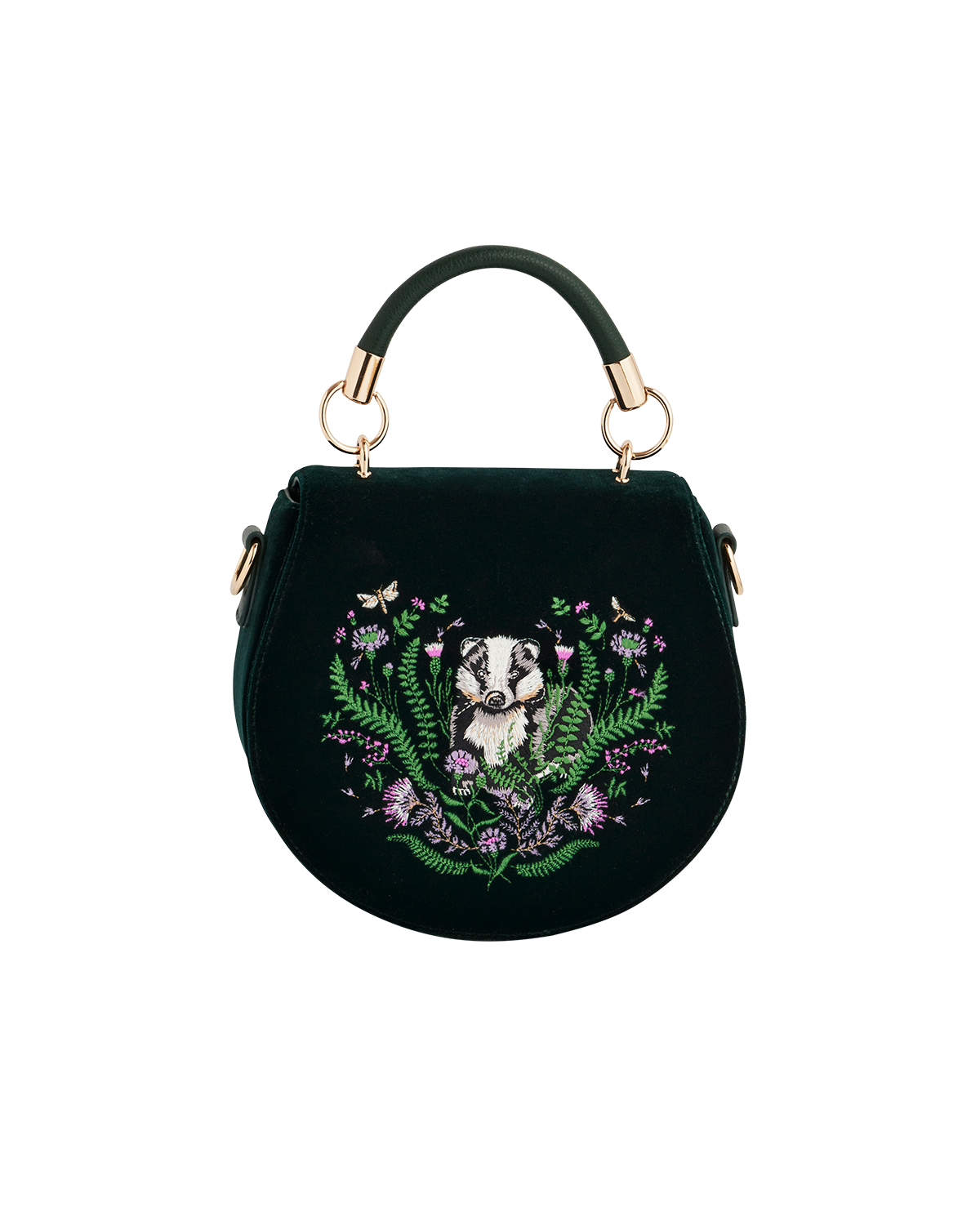 Green Badger Embroidered Top Handle Saddle Bag