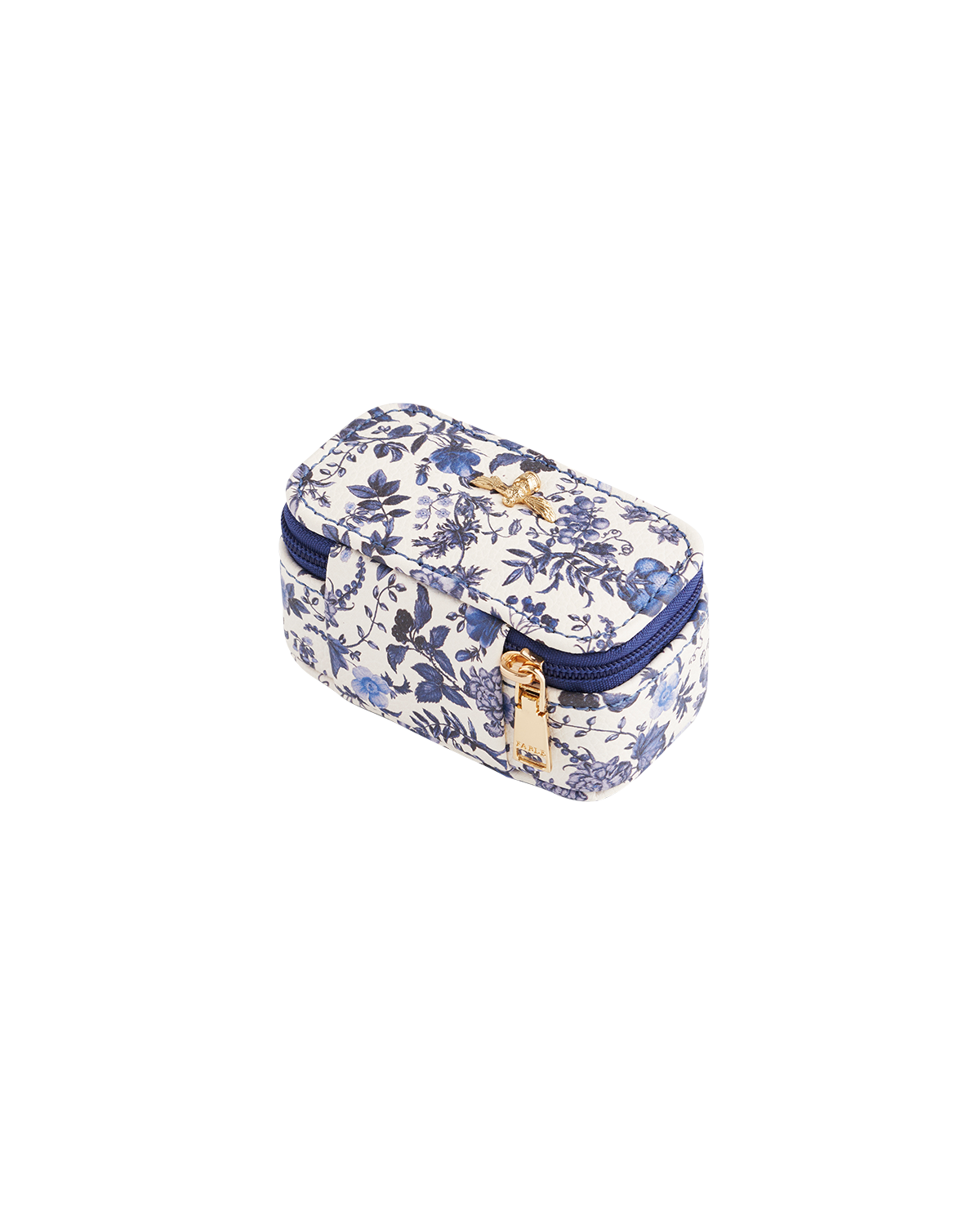 Blue floral-patterned mini jewellery case on a white background