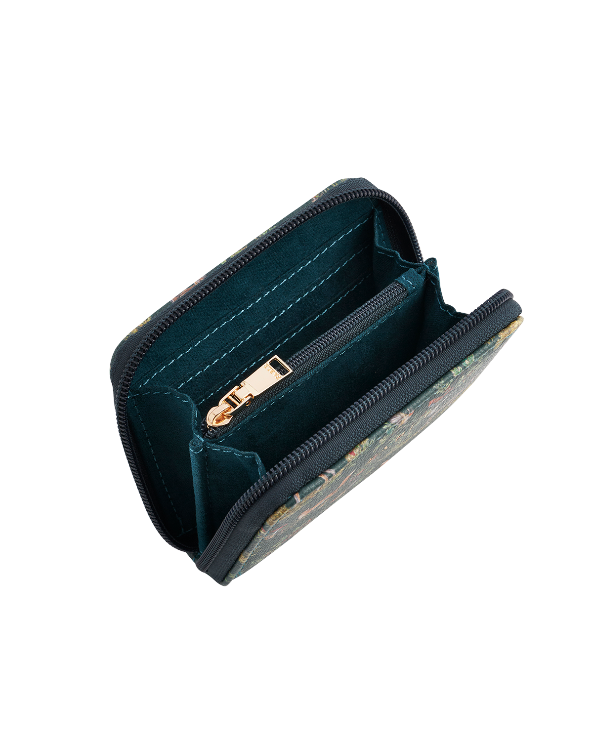 Open teal wallet with woodland pattern on a white background