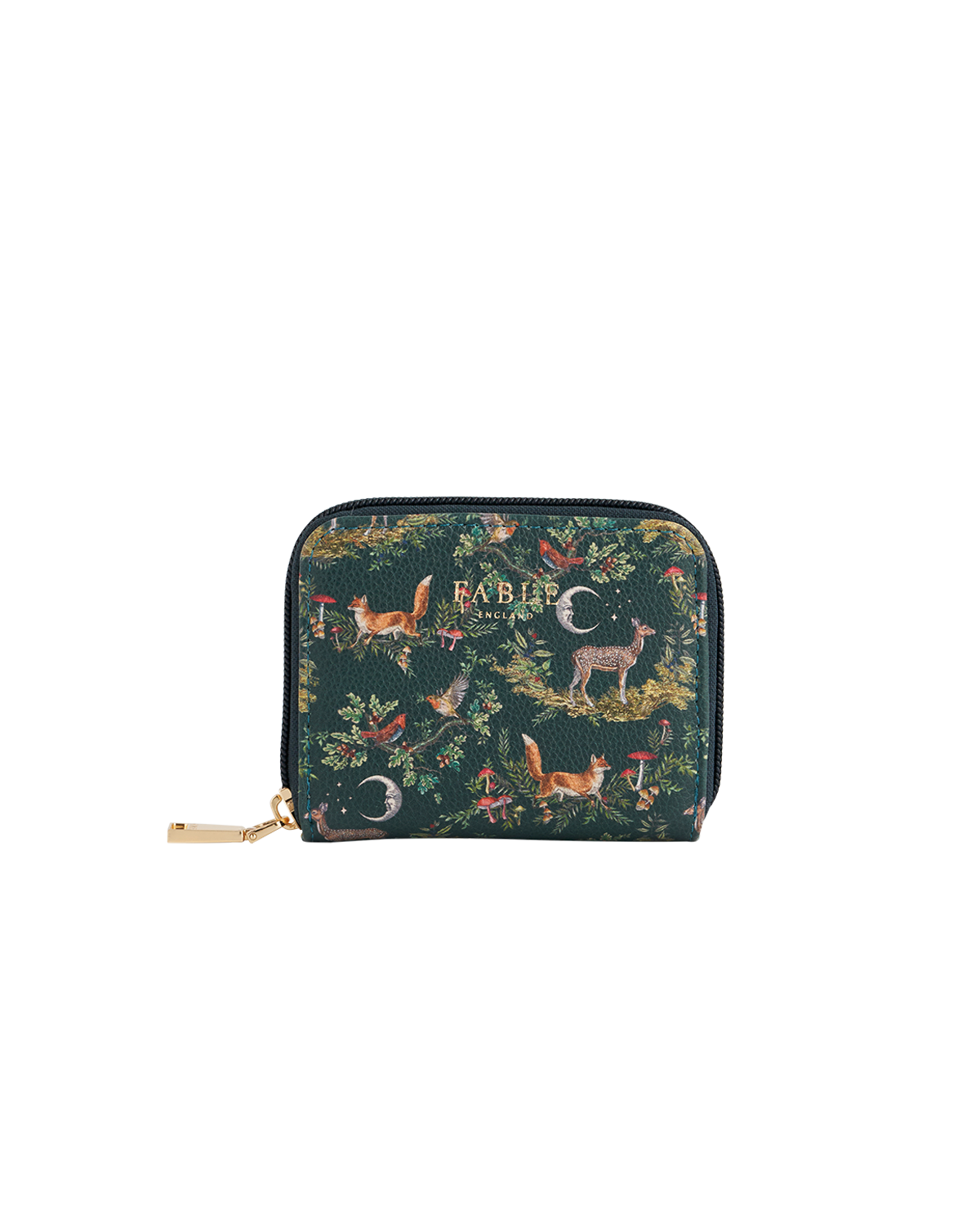 Small green wallet with nature-themed design on a white background