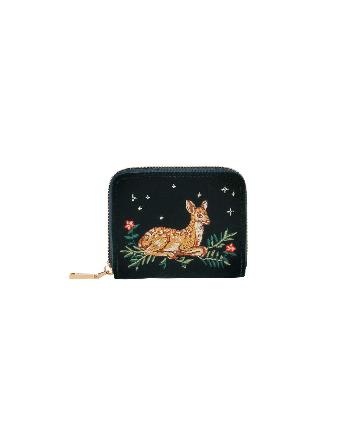 Green zip-around wallet with embroidered fawn design on a white background