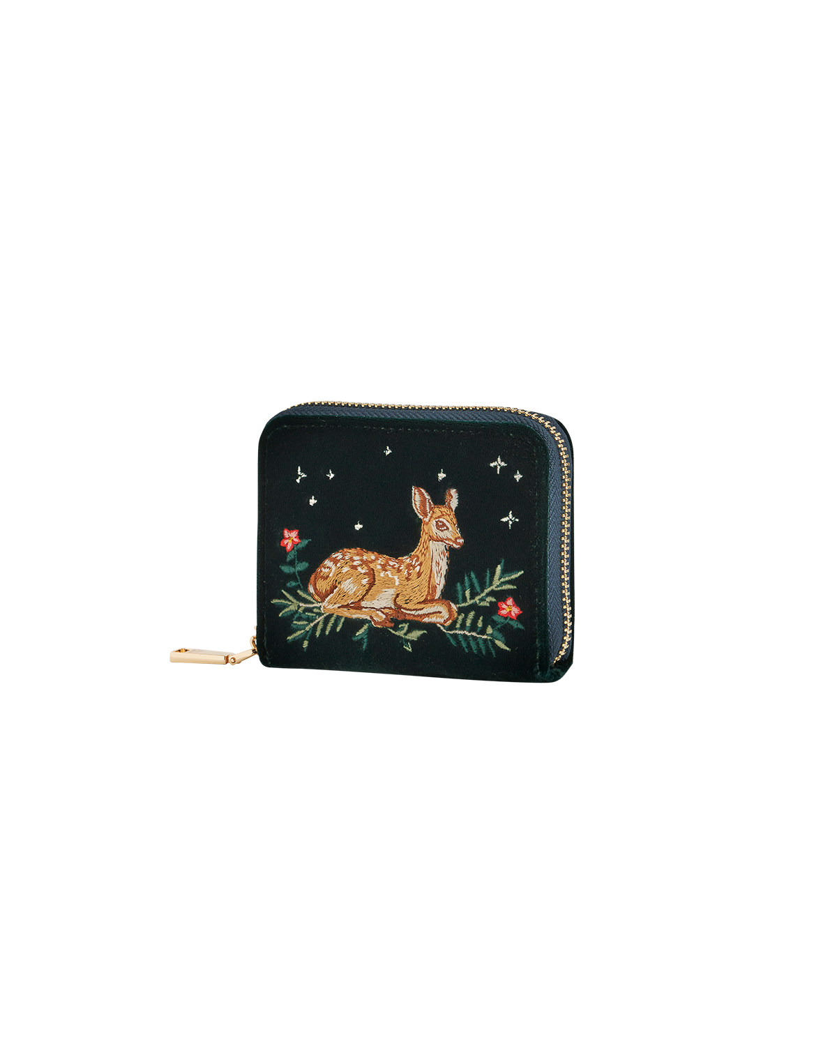 Green wallet with embroidered fawn design on a white background