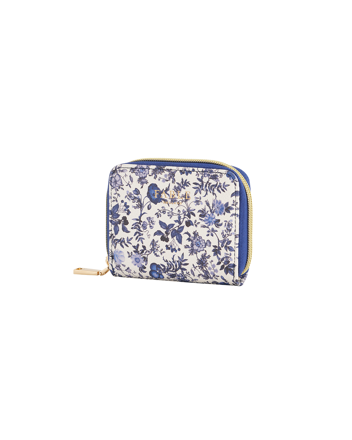 Blue floral patterned purse on a white background