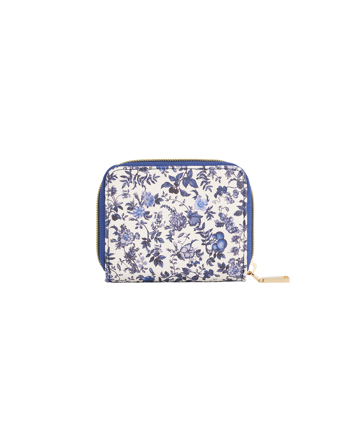 Blue floral patterned purse on a white background
