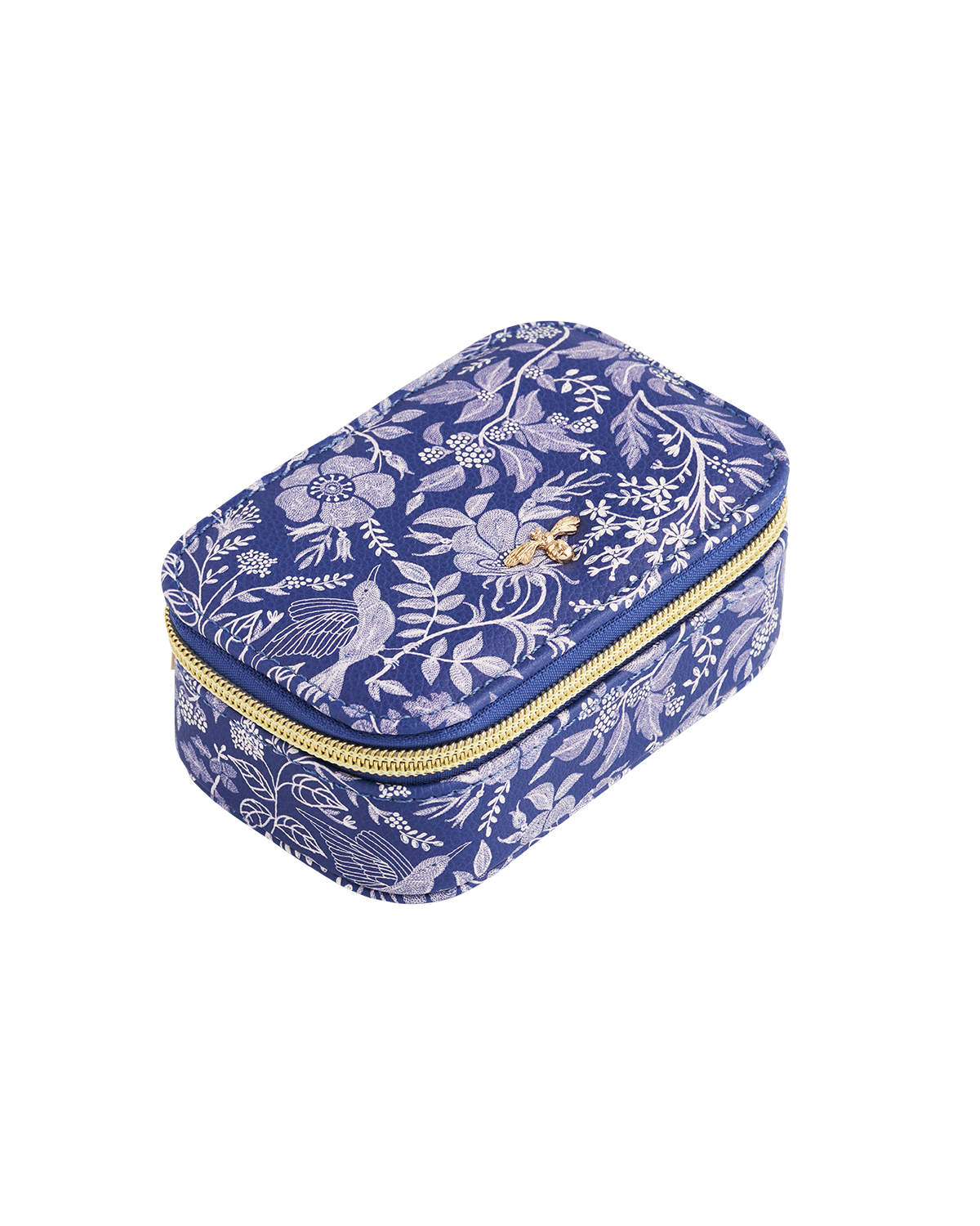 Blue rectangular small jewellery box with floral and bird pattern on a white background