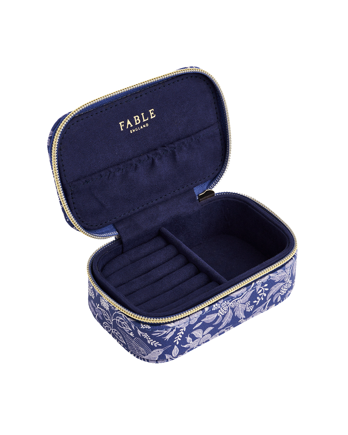 Navy jewellery case with floral pattern and 'Fable England' branding on a white background