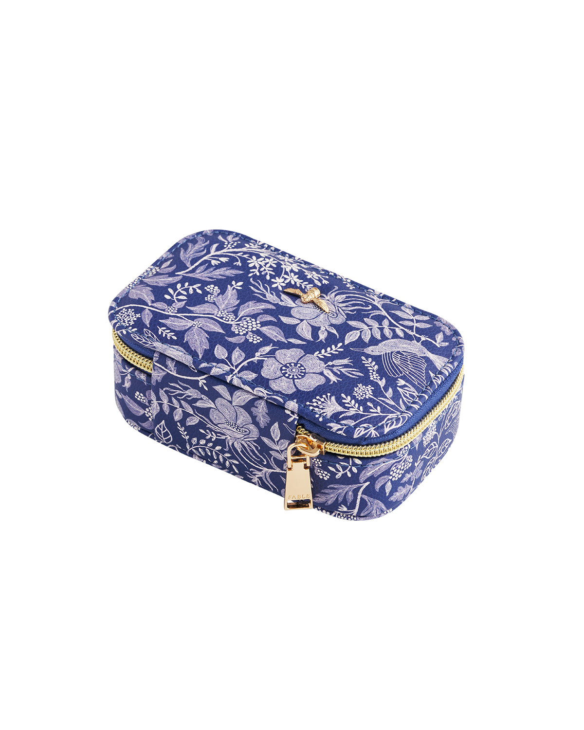 Blue floral-patterned jewellery box with gold zipper on a white background