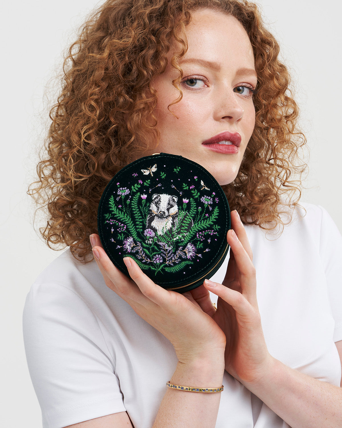 Green Badger Embroidered Circle Jewellery Box