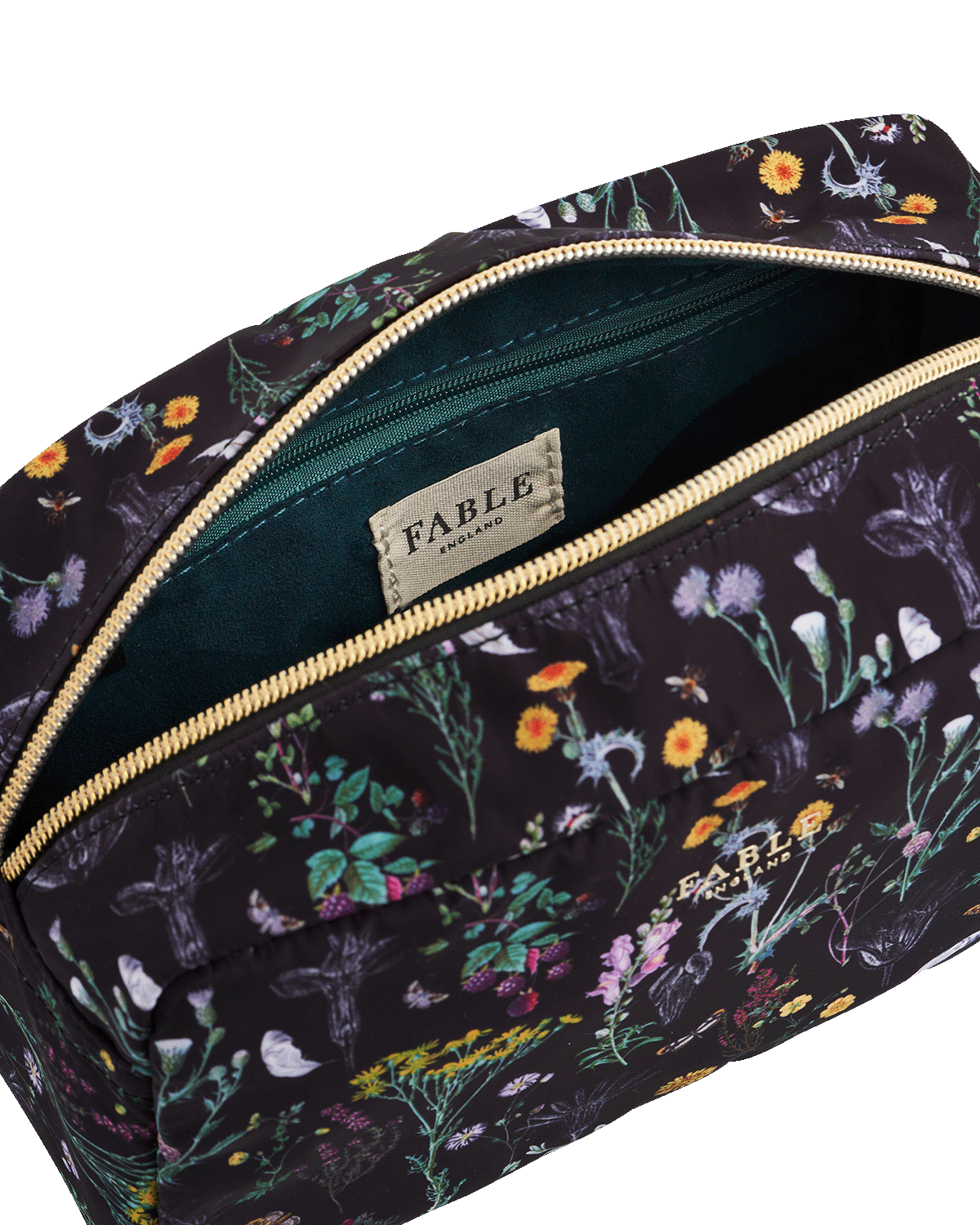 Floral patterned toiletry bag with 'Fable England' branding on a white background