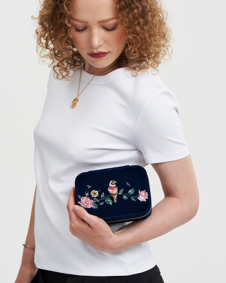 Rosy Posy Embroidered Blue Jewelery Box