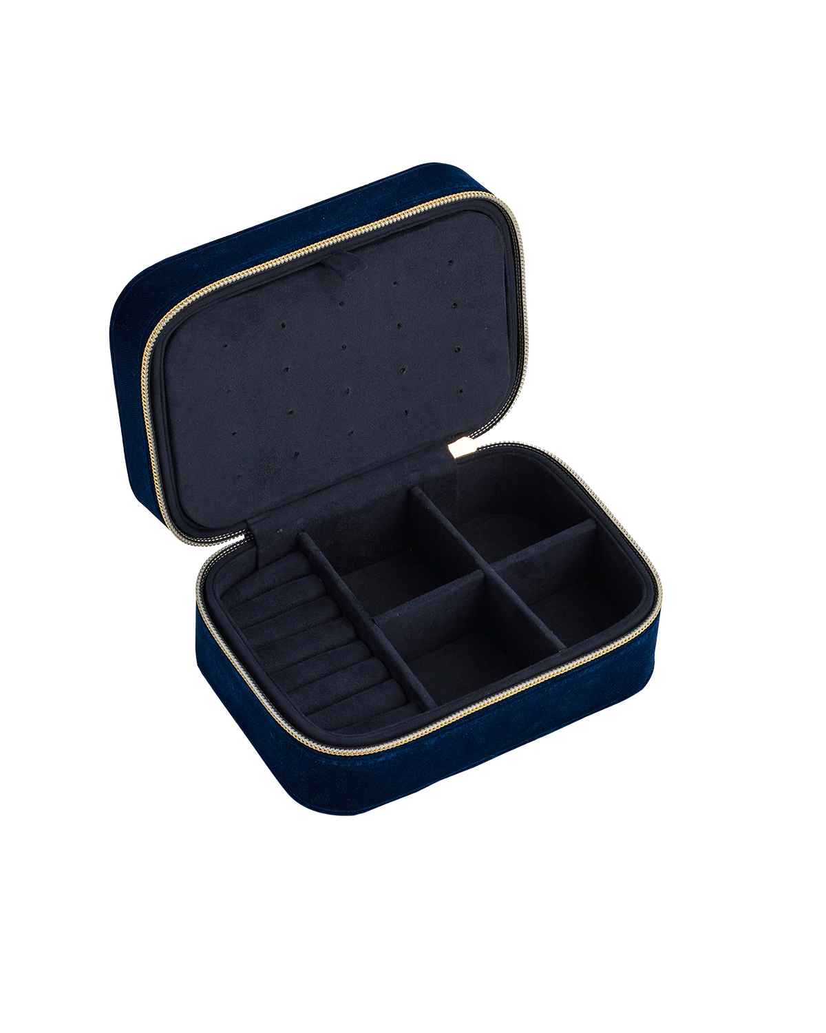 Navy jewelry box with compartments on a white background