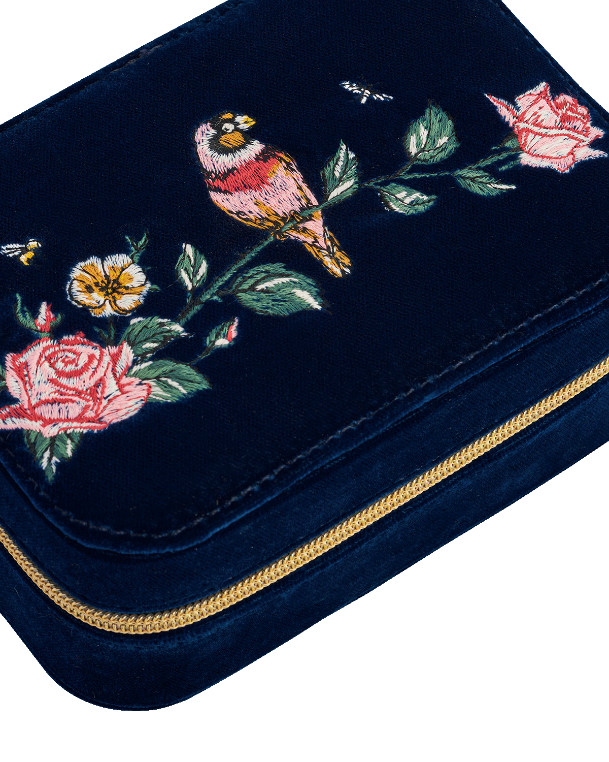 Navy blue embroidered jewellery box with floral and bird design on a white background