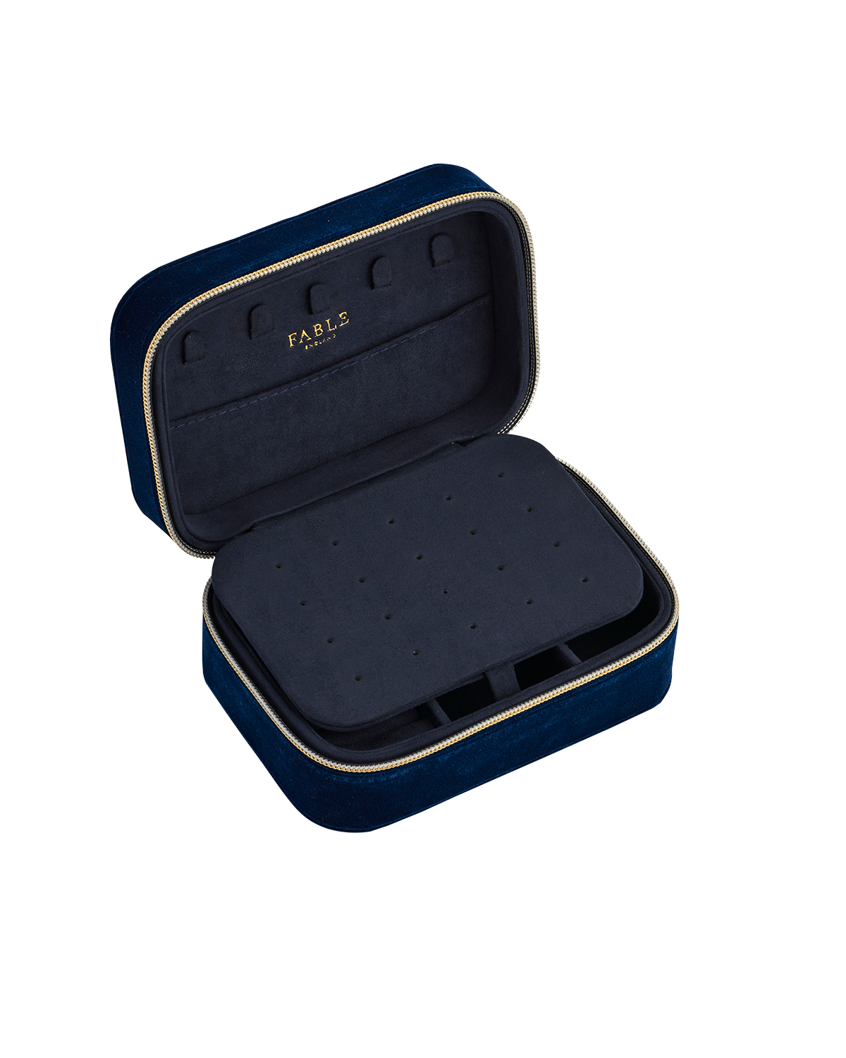 Navy jewelry box with gold effect zip a white background
