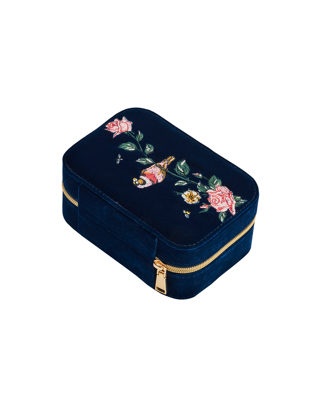 Navy blue jewelry box with floral and bird embroidery on a white background