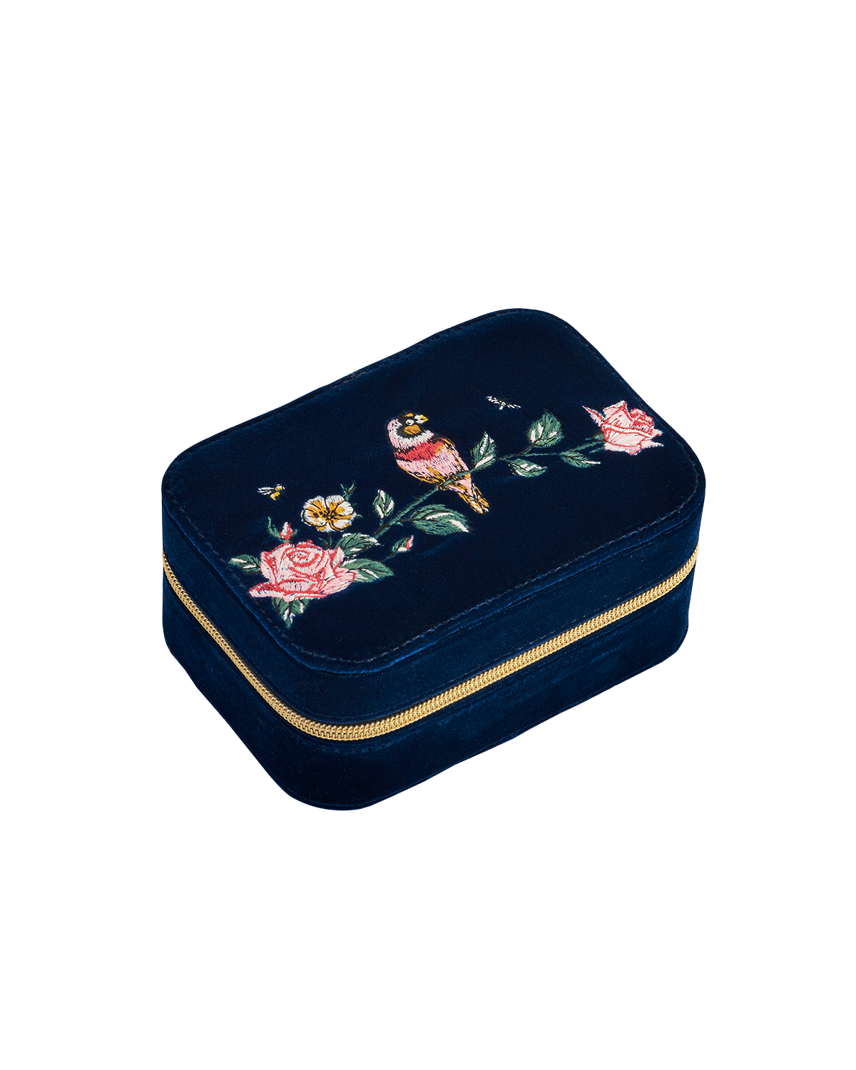 Navy blue jewelry box with floral and bird embroidery on a white background