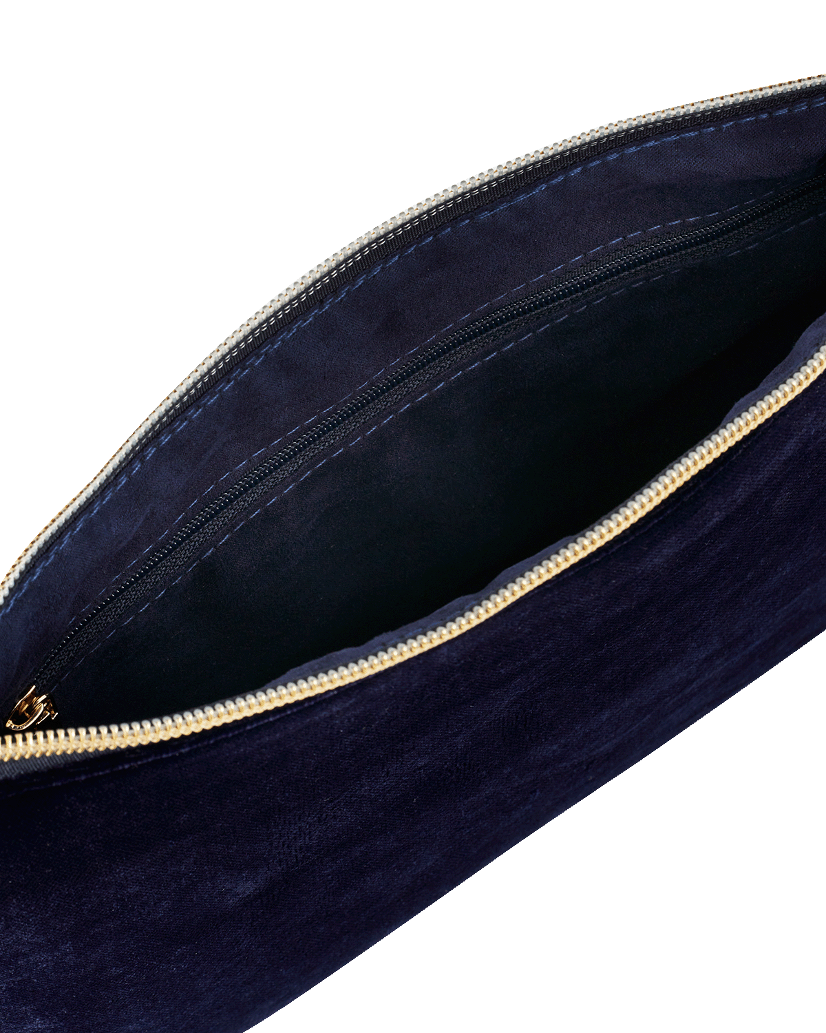 Navy blue clutch bag with gold zipper on a white background