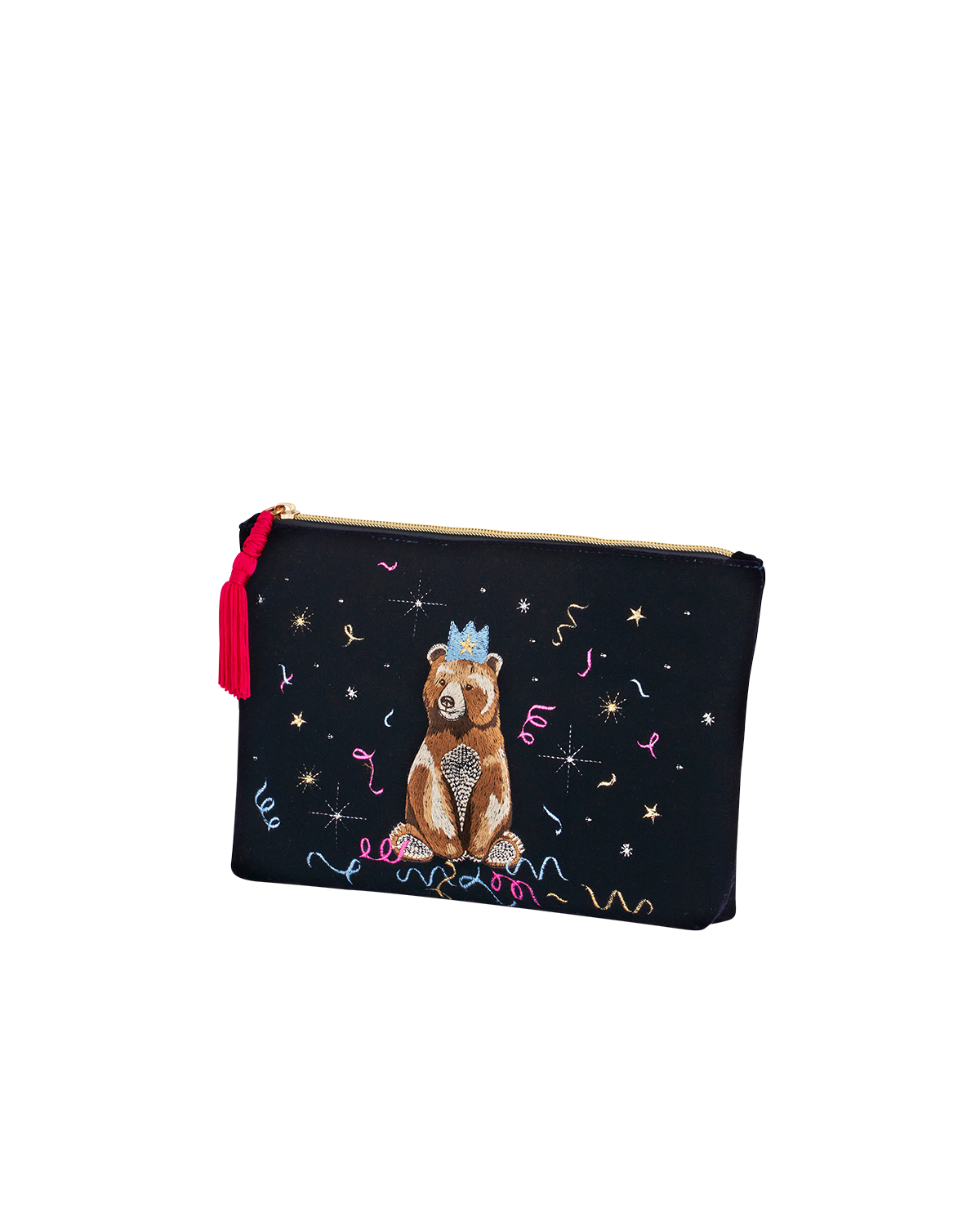 Blue pouch with a bear embroidery and colorful accents on a white background
