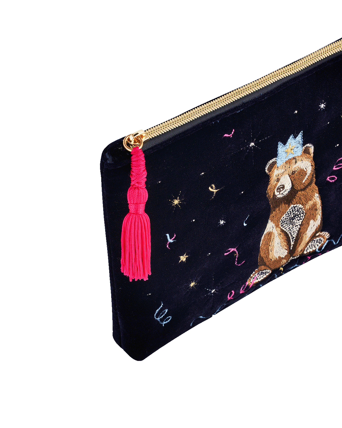 Pouch with a bear design and pink tassel on a white background